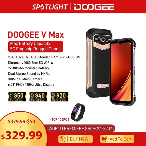 DOOGEE® V Max 22000mAh Large battery 12GB+256GB 5G Android 12 Rugged Phone